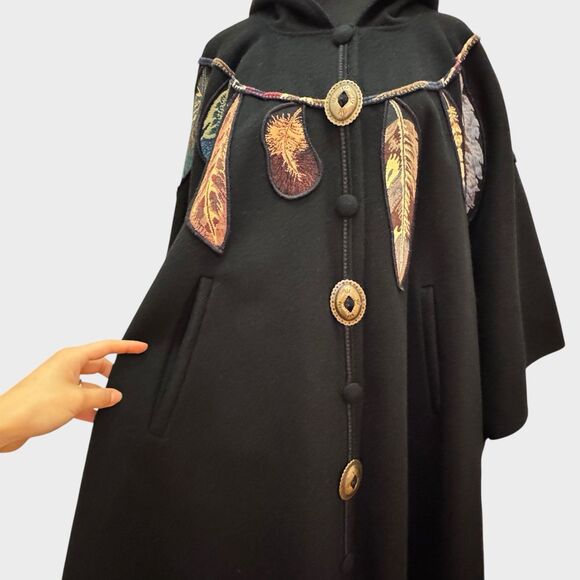 Coloratura Southwest Hooded Black Wool Cloak Cape Coat w/ Feathers and Conchos - Picture 5 of 14